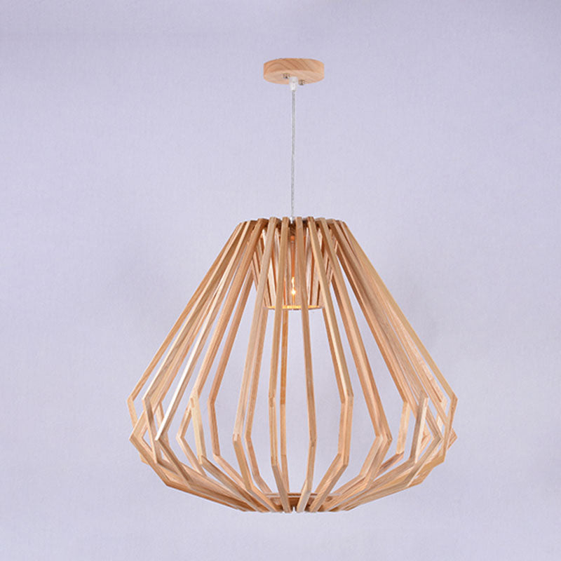 Diamond Cafe Pendant Light - Asian Style Wood Suspension, 1 Head - Beige