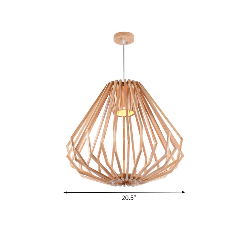 Diamond Cafe Pendant Light - Asian Style Wood Suspension, 1 Head - Beige
