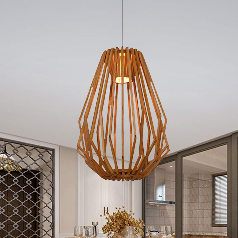 Asian Style Wood Pendant Light With Diamond Café Design - 1 Head Beige Suspension For Dining Room