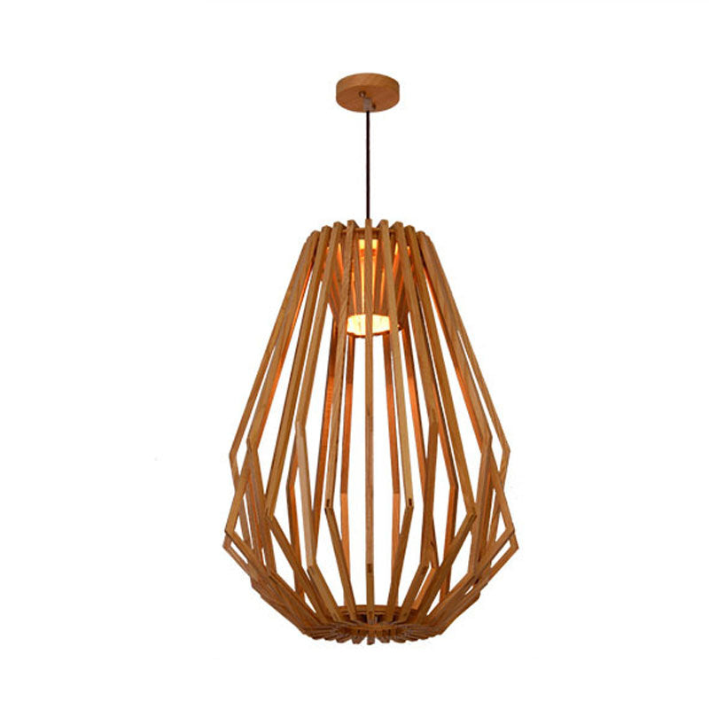 Diamond Cafe Pendant Light - Asian Style Wood Suspension, 1 Head - Beige