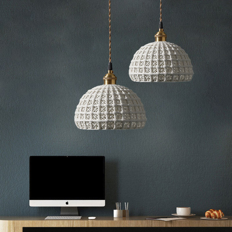 Nordic Grid Dome Pendant Light - 6.5"/8" Single Bulb Ceramic Hanging Lamp for Dining Room & Corridor - White