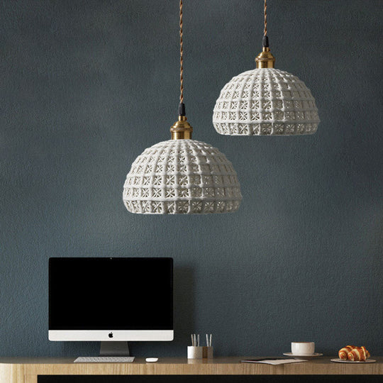 Nordic Grid Dome Pendant Light - 6.5"/8" Single Bulb Ceramic Hanging Lamp for Dining Room & Corridor - White