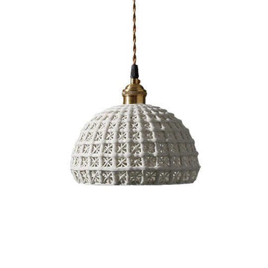 Nordic Grid Dome Pendant Light - 6.5"/8" Single Bulb Ceramic Hanging Lamp for Dining Room & Corridor - White