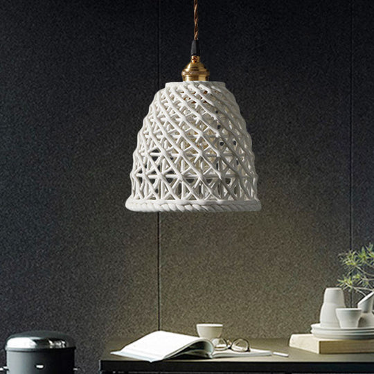 Nordic Grid Dome Pendant Light - 6.5"/8" Single Bulb Ceramic Hanging Lamp for Dining Room & Corridor - White