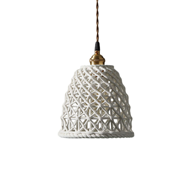 Nordic Grid Dome Pendant Light - 6.5"/8" Single Bulb Ceramic Hanging Lamp for Dining Room & Corridor - White