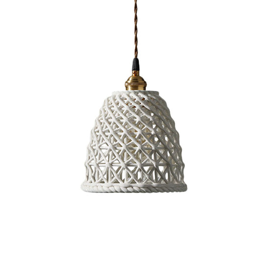 Nordic Grid Dome Pendant Light - 6.5"/8" Single Bulb Ceramic Hanging Lamp for Dining Room & Corridor - White