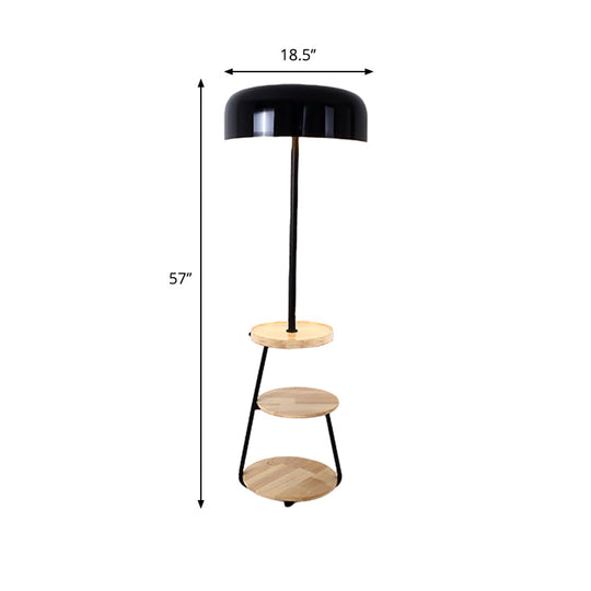 Modern Black Metal Floor Lamp With Wood Shelves - 2 Bulb Bowl Shade Light