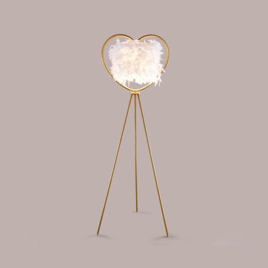 Modern Metallic 1-Head Black/Gold Finish Floor Lamp With Feather Shade & Loving Heart Frame