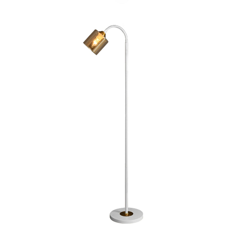 Modern 1-Light Standing Floor Lamp With Amber Glass Shade And White Finish