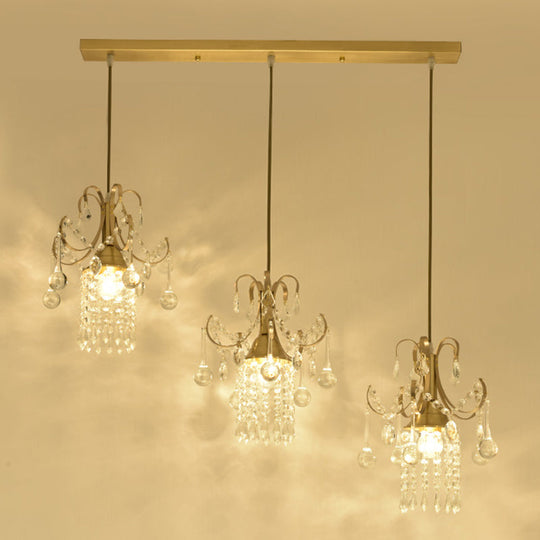 Minimalist Brass Cylindrical Island Pendant Light With Crystal Drip - 3 Bulb Suspension Lamp