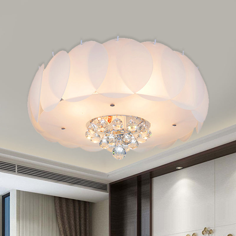Modern Frosted Glass Flushmount Ceiling Lamp with Crystal Ball - Drum Design, White Finish, Available in 19.5" or 23.5" Width - Suitable for Bedroom Lighting, 4/5 Bulbs
