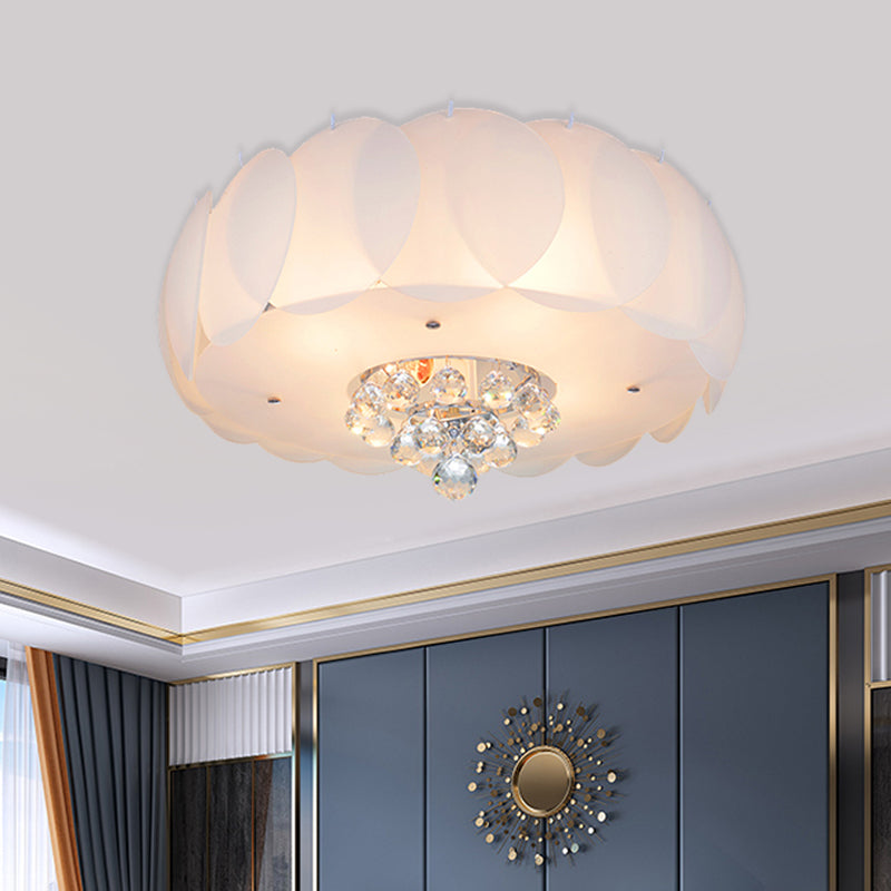 Modern Frosted Glass Flushmount Ceiling Lamp with Crystal Ball - Drum Design, White Finish, Available in 19.5" or 23.5" Width - Suitable for Bedroom Lighting, 4/5 Bulbs