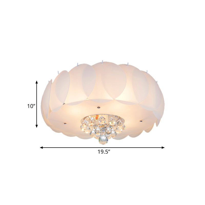Modern Frosted Glass Flushmount Ceiling Lamp with Crystal Ball - Drum Design, White Finish, Available in 19.5" or 23.5" Width - Suitable for Bedroom Lighting, 4/5 Bulbs