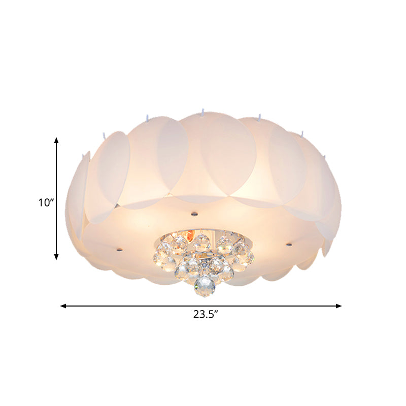 Modern Frosted Glass Flushmount Ceiling Lamp with Crystal Ball - Drum Design, White Finish, Available in 19.5" or 23.5" Width - Suitable for Bedroom Lighting, 4/5 Bulbs