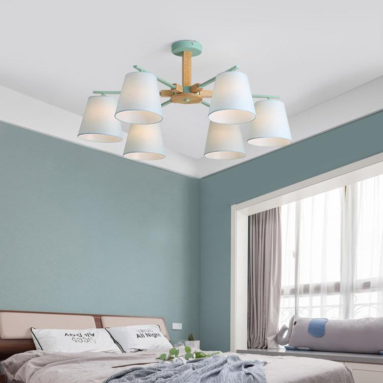 Suspension de plafond en bois moderne avec abat-jour en tissu conique - Disponible avec 3/6 têtes pour l'éclairage du lustre du salon
