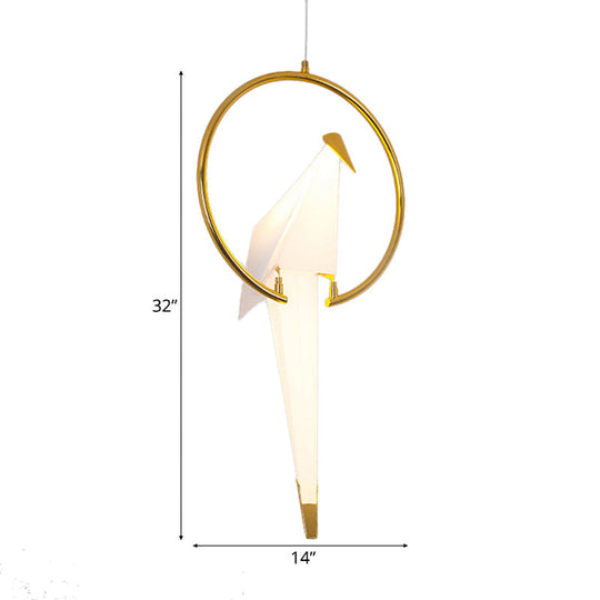 Modern LED Pendant Light with White Birdie Design, Metal Ring, and Warm/White Lighting