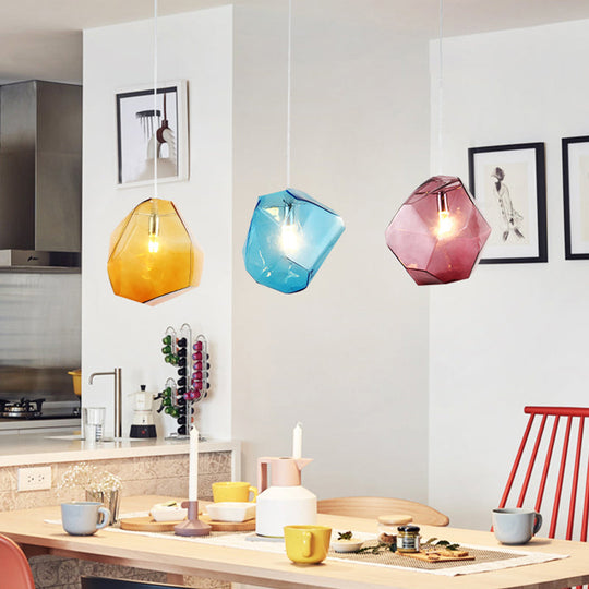 Contemporary 1-Light Glass Pendant Lighting: Faceted Grey/Orange/Purple Led Hanging Lamp Fixture For
