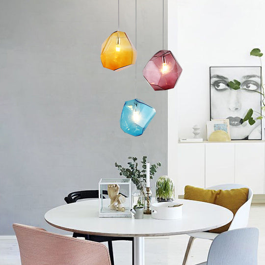 Contemporary 1-Light Glass Pendant Lighting: Faceted Grey/Orange/Purple Led Hanging Lamp Fixture For