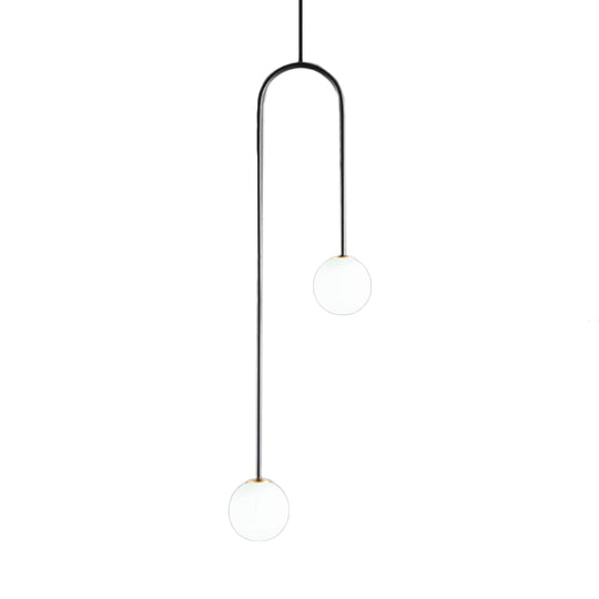 Giovanna - Élégant luminaire suspendu à boules noires/dorées post-moderne à 2 lumières en verre blanc à LED avec tige courbée