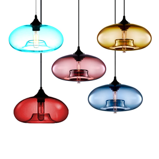 Contemporary 1-Light Oval Glass Hanging Lamp - Red/Brown/Blue Ceiling Light