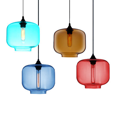 Contemporary Glass Hanging Lamp - Cylinder Shape, 1 Light, Red/Brown/Blue