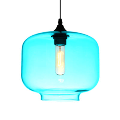 Contemporary Glass Hanging Lamp - Cylinder Shape, 1 Light, Red/Brown/Blue