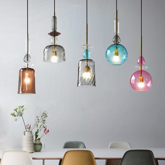 Modernist 1-Light Suspension Pendant with Pink/Blue/Amber Globe/Cylindrical/Dome Design - Smooth/Water Glass Ceiling Light