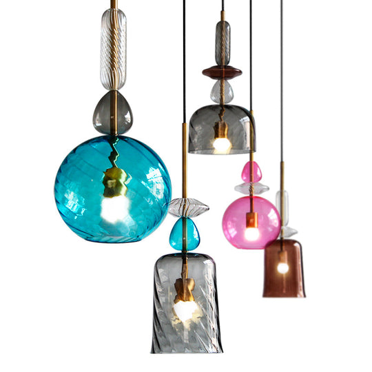 Modernist 1-Light Suspension Pendant with Pink/Blue/Amber Globe/Cylindrical/Dome Design - Smooth/Water Glass Ceiling Light