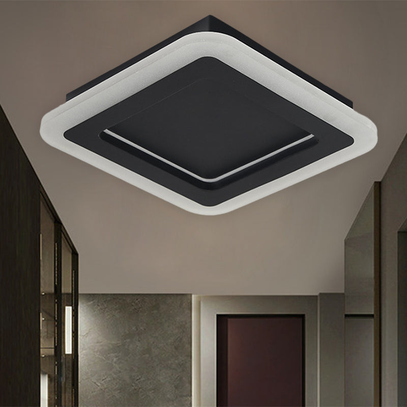 Minimalist LED Black Flushmount Light - Square Metal Ceiling Lamp for Hallway with White/Warm Lighting