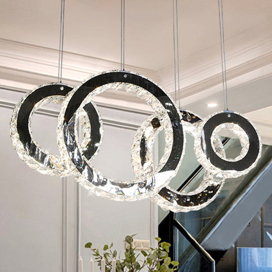 Lampe à suspension LED contemporaine en cristal pour salle à manger - Design en cercles en acier inoxydable