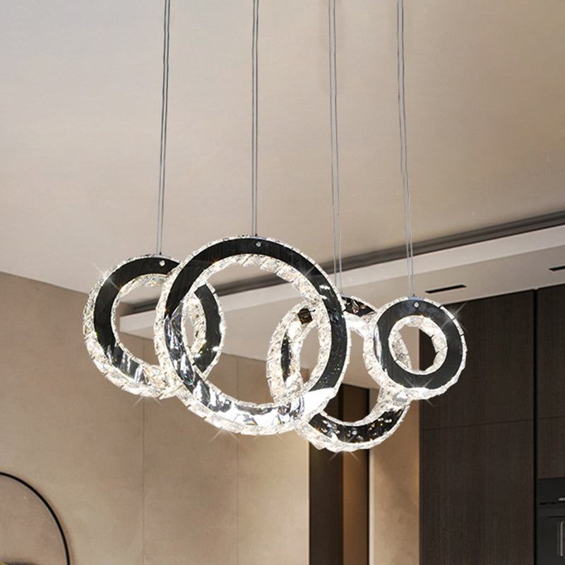 Lampe à suspension LED contemporaine en cristal pour salle à manger - Design en cercles en acier inoxydable