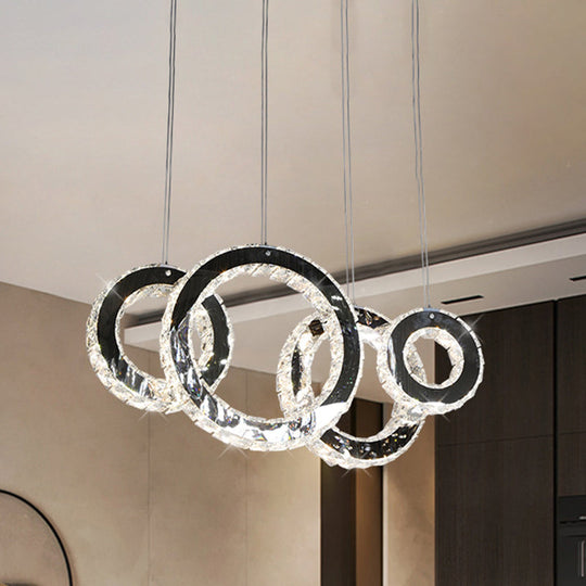 Lampe à suspension LED contemporaine en cristal pour salle à manger - Design en cercles en acier inoxydable