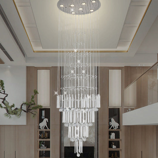 Tapered Led Drop Pendant Light In Chrome Crystal - Modernist Style For Living Room