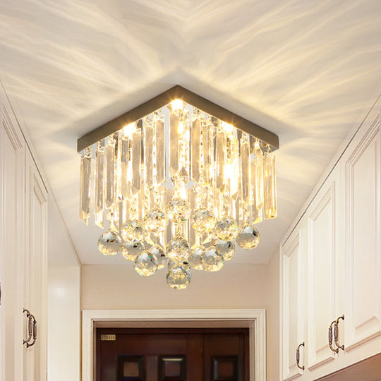 Minimalistic Cube Foyer Ceiling LED Flush Mount Light with Clear Crystal Accents