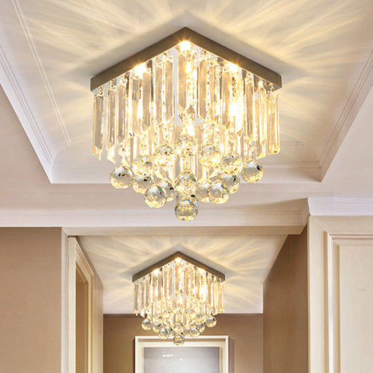 Minimalistic Cube Foyer Ceiling LED Flush Mount Light with Clear Crystal Accents