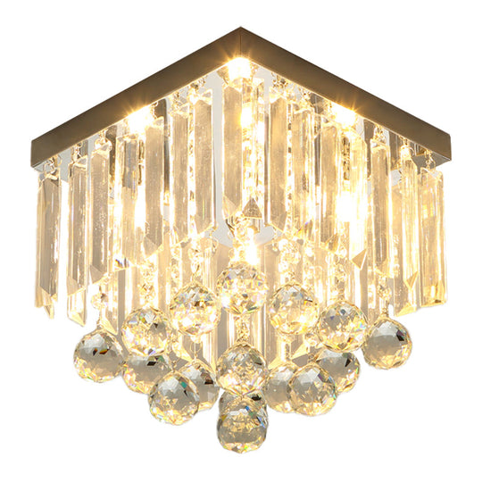 Minimalistic Cube Foyer Ceiling LED Flush Mount Light with Clear Crystal Accents
