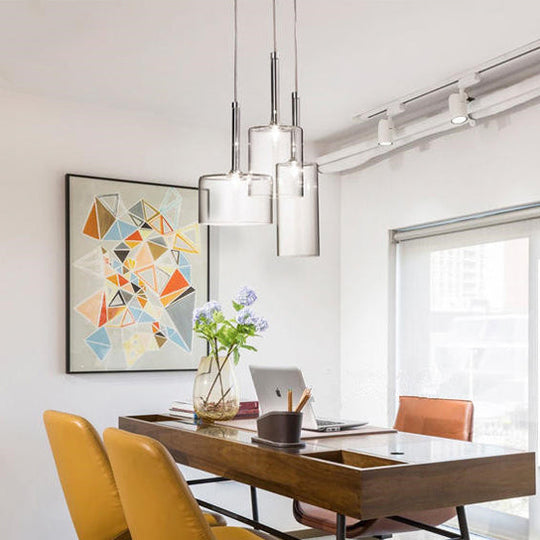 Éclairage de salle à manger à 3/6/10 lumières avec abat-jour en verre transparent cylindrique Lampe suspendue à LED chromée moderne