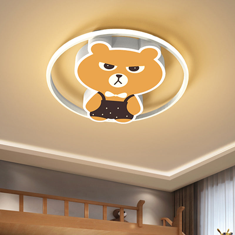 Modern Cartoon LED Bear Flush Light Fixture: Metallic Yellow Lamp with White/Warm Light - Flush Mounted