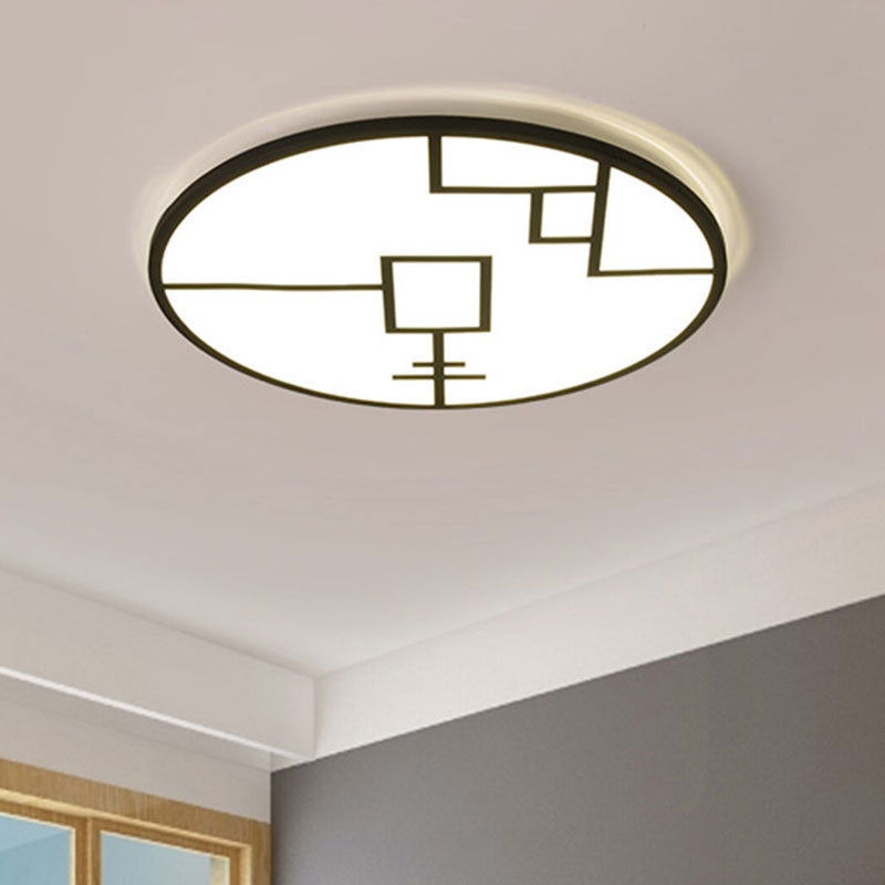 Modern Round Flush Mount LED Bedroom Light in White/Black Metallic with Pattern