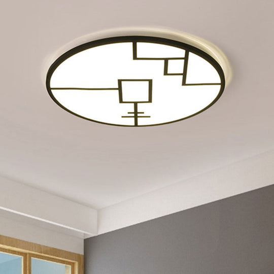 Modern Round Flush Mount LED Bedroom Light in White/Black Metallic with Pattern