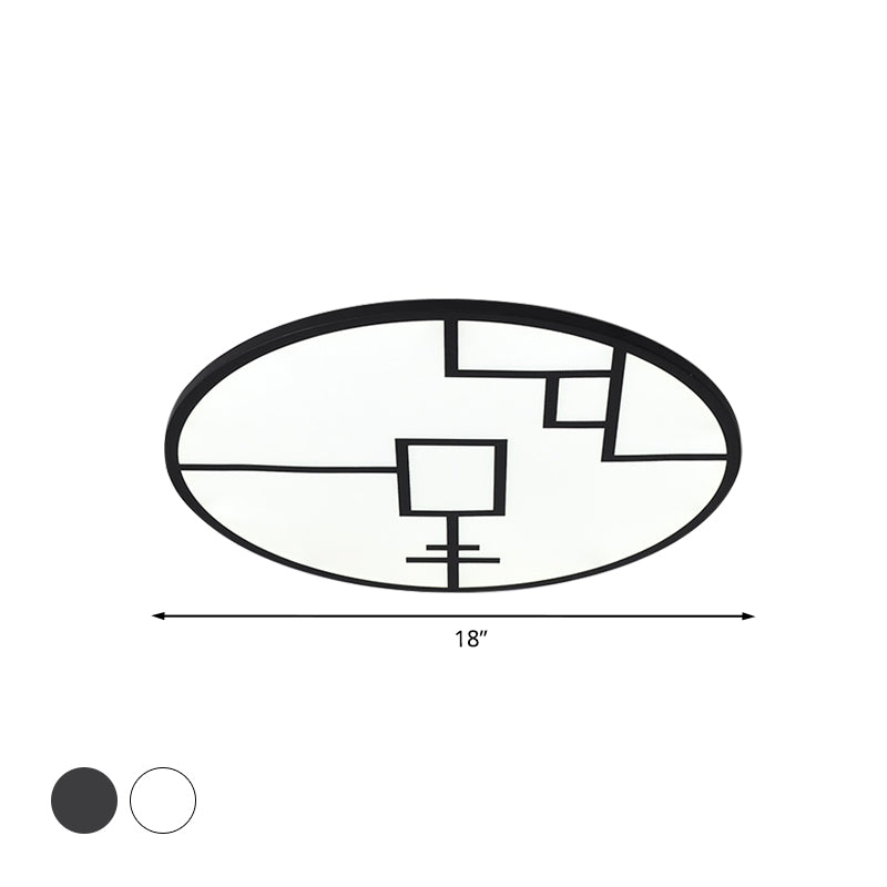 Modern Round Flush Mount LED Bedroom Light in White/Black Metallic with Pattern