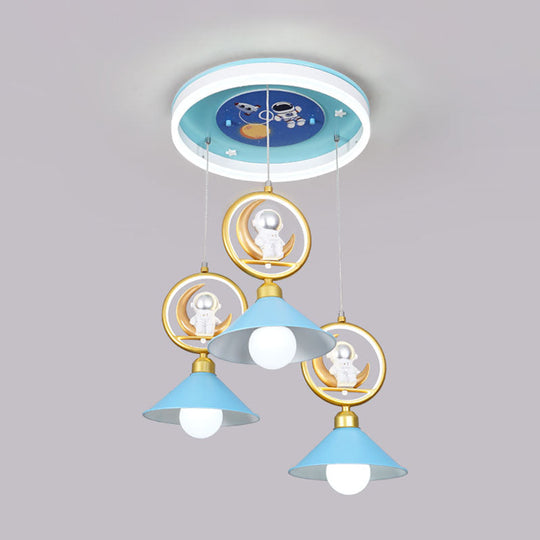 Cartoon Metal 3-Bulb Blue Pendant Ceiling Light With Moon And Astronaut Deco