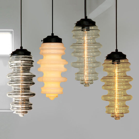 Modern 1-Light Pendant with Sleek Black Ribbed Ceiling Mount and Multi-Color Glass Shade