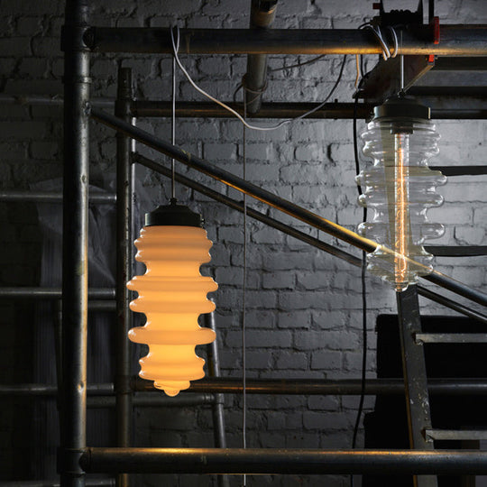 Modern Ribbed Pendant Light With Multicolor Glass Shade - One-Light Ceiling Lamp