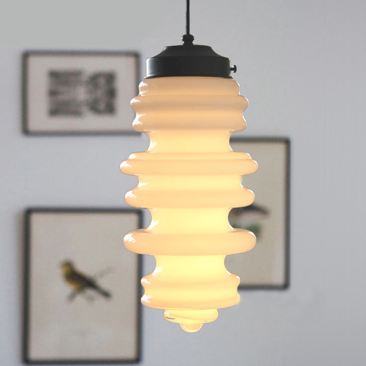 Modern Ribbed Pendant Light With Multicolor Glass Shade - One-Light Ceiling Lamp