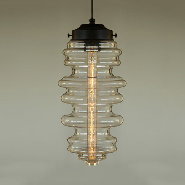 Modern 1-Light Pendant with Sleek Black Ribbed Ceiling Mount and Multi-Color Glass Shade