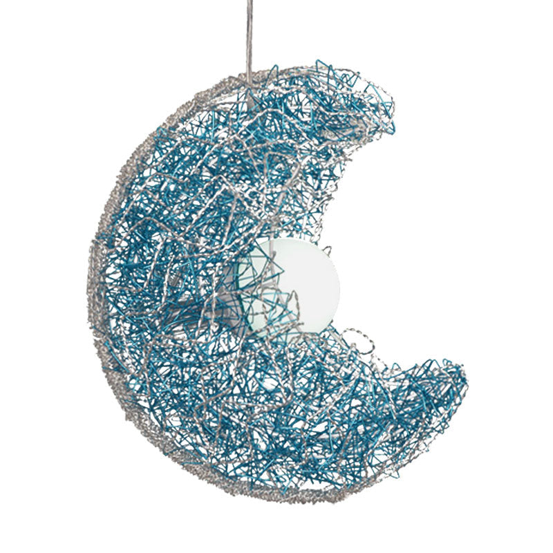 Modern Blue Moon Shaped Pendant Light - Nordic Style Metal Wire 1 Bulb Suspension Lamp