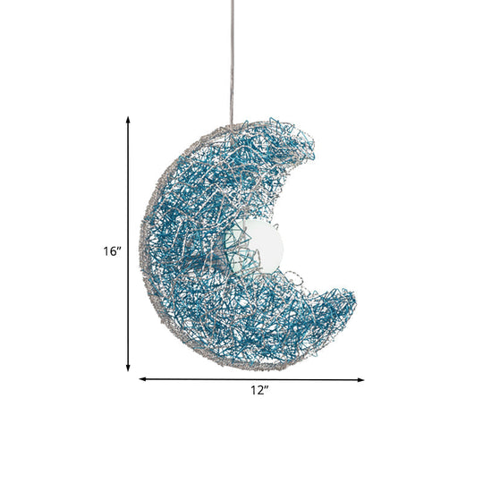 Modern Blue Moon Shaped Pendant Light - Nordic Style Metal Wire 1 Bulb Suspension Lamp