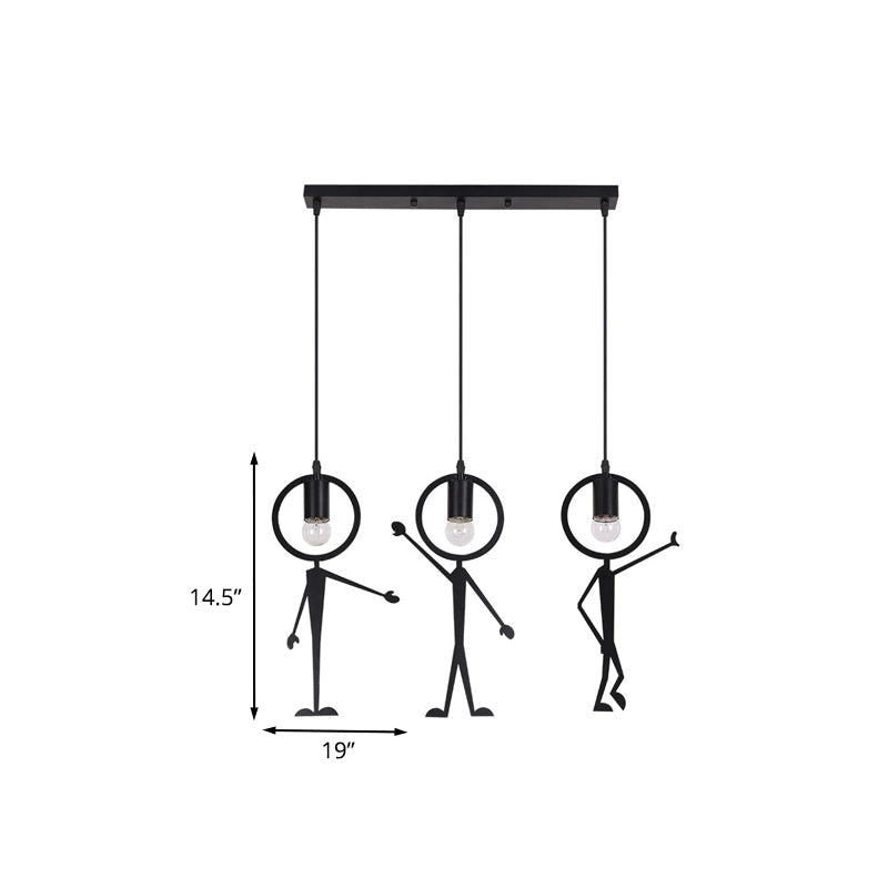 Modern 3-Head Black Suspension Lamp: Human-Like Iron Multi Light Pendant With Bare Bulb Design