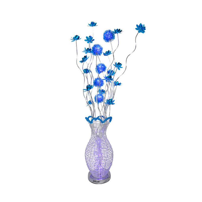 Blue Led Curvy Floor Lamp With Aluminum Urn And Floral Art Decor